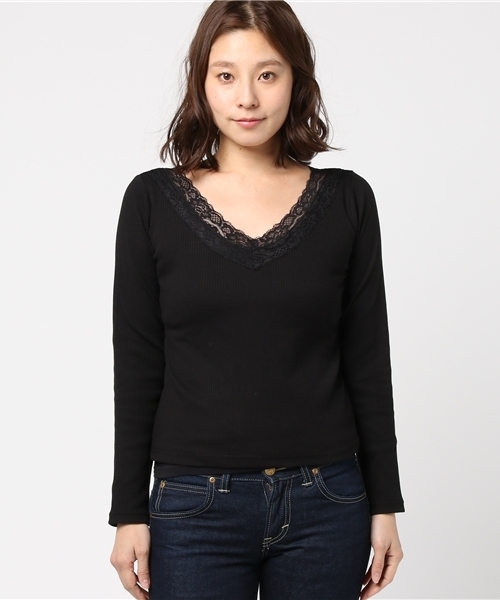 Honeys（ハニーズ）の「レース付きＶネックカットソー（Tシャツ/カットソー・レディース・グレー/オフホワイト/ブラック/ピンク・M/L）」の7枚目の写真