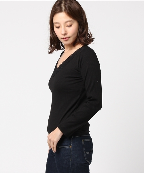 Honeys（ハニーズ）の「レース付きＶネックカットソー（Tシャツ/カットソー・レディース・グレー/オフホワイト/ブラック/ピンク・M/L）」の8枚目の写真