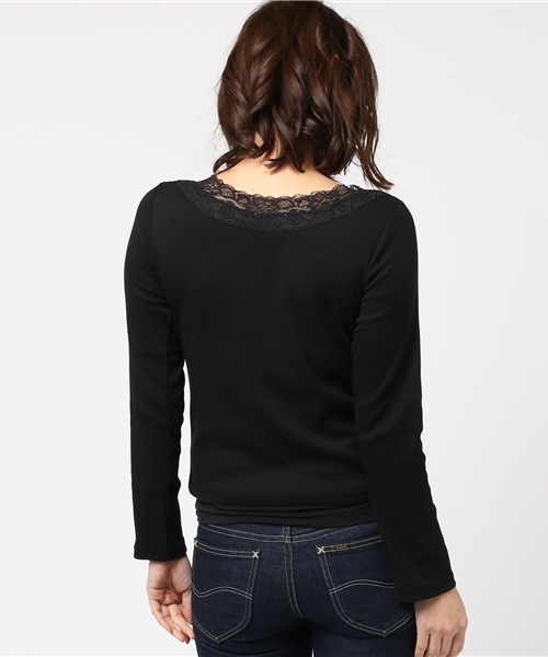 Honeys（ハニーズ）の「レース付きＶネックカットソー（Tシャツ/カットソー・レディース・グレー/オフホワイト/ブラック/ピンク・M/L）」の9枚目の写真