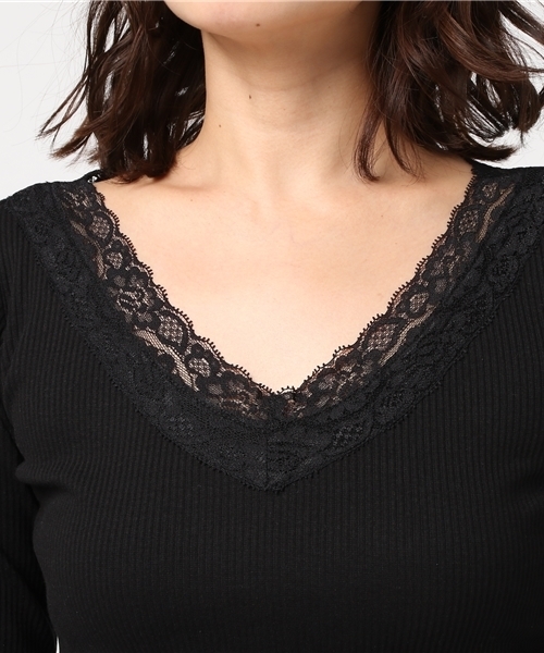Honeys（ハニーズ）の「レース付きＶネックカットソー（Tシャツ/カットソー・レディース・グレー/オフホワイト/ブラック/ピンク・M/L）」の10枚目の写真