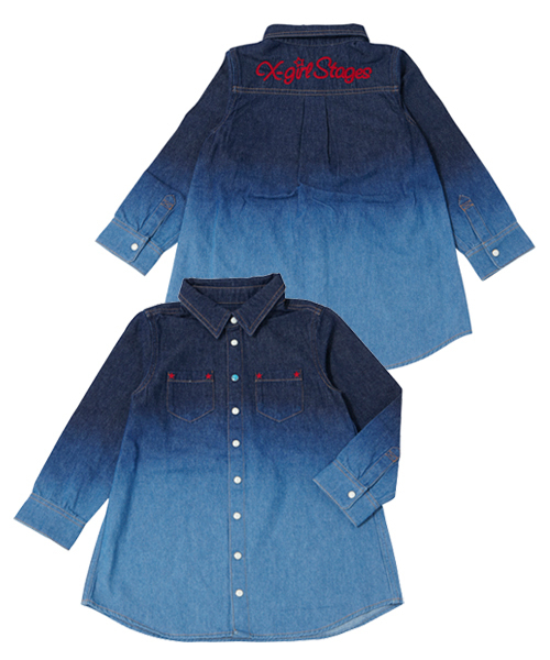 X-girl Stages（エックスガールステージス）の「BLEACH L/S SHIRT DRESS （4T～7T）（ワンピース・キッズ・インディゴブルー/ネイビー/レッド・4T/5T/6T/7T）」の3枚目の写真