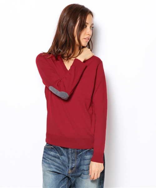 BEAMS BOY（ビームスボーイ）の「BEAMS BOY / 12ゲージ エルボーパッチ Vネック（ニット/セーター・レディース・レッド/グリーン/ネイビー・ONE SIZE）」の3枚目の写真