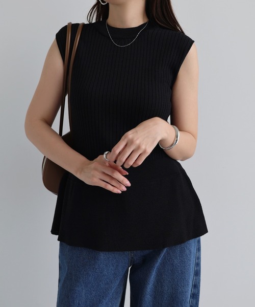 セール】リブニットノースリーブペプラムトップス（ニット/セーター