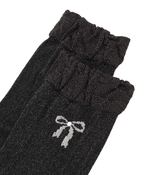 HAKKA KIDS（ハッカキッズ）の「[フォーマル対応]リボンフィラメントラメ ハイソックス（ソックス/靴下・キッズ・ホワイト/ブラック・MEDIUM/SMALL）」の3枚目の写真