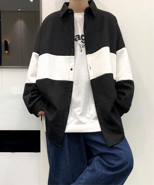 【セール】【neos -addictive design-】ビッグシルエット ライン ロングスリーブ ニットシャツ(シャツ/ブラウス)|neos(ネオス) 【セール】【neos -addictive design-】ビッグシルエット ライン ロングスリーブ ニットシャツ(シャツ/ブラウス)|neos(ネオス)
