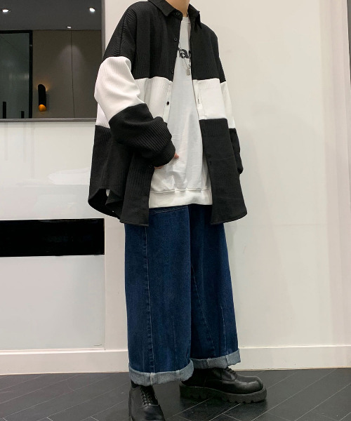 【セール】【neos -addictive design-】ビッグシルエット ライン ロングスリーブ ニットシャツ(シャツ/ブラウス)|neos(ネオス) 【セール】【neos -addictive design-】ビッグシルエット ライン ロングスリーブ ニットシャツ(シャツ/ブラウス)|neos(ネオス)