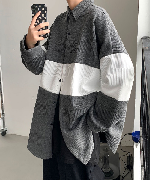 【セール】【neos -addictive design-】ビッグシルエット ライン ロングスリーブ ニットシャツ(シャツ/ブラウス)|neos(ネオス) 【セール】【neos -addictive design-】ビッグシルエット ライン ロングスリーブ ニットシャツ(シャツ/ブラウス)|neos(ネオス)