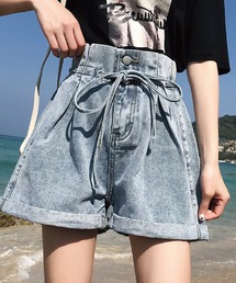 ハイウエストふんわりリボン ロールアップデニムショートパンツ【ZOZOTOWN限定】