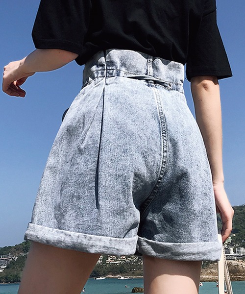 素敵 リボン ふんわり ハイウエスト ショートパンツ ハイウエストふんわりリボン ロールアップデニムショートパンツ