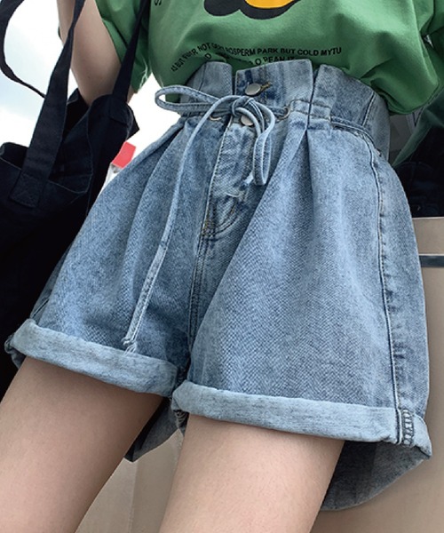 ハイウエストふんわりリボン ロールアップデニムショートパンツ