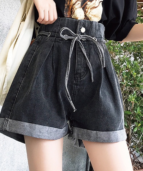 素敵 リボン ふんわり ハイウエスト ショートパンツ ハイウエストふんわりリボン ロールアップデニムショートパンツ