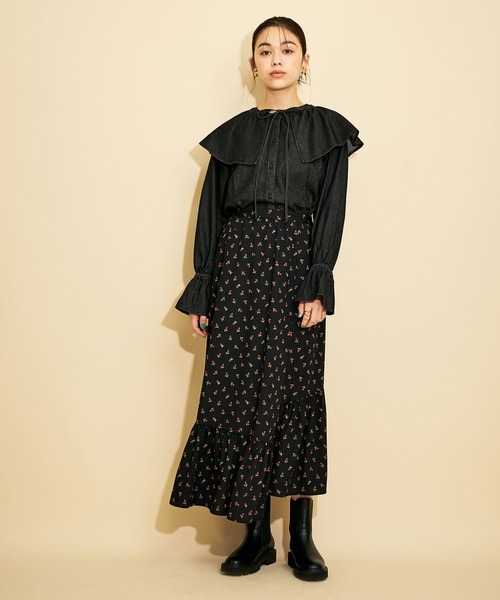 MADEMOISELLE ROPE'（マドモアゼル ロペ）の「<春まで使える>アシンメトリーフラワーティアードスカート（スカート・レディース・ブラック/グリーン・36/38）」の19枚目の写真