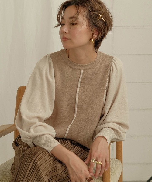 Bab（バブ）の「【WEB限定】袖ボリューム配色ニットトップス（ニット/セーター・レディース・ブラック/モカ/ピンクベージュ・M）」の9枚目の写真