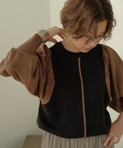 Bab（バブ）の「【WEB限定】袖ボリューム配色ニットトップス（ニット/セーター・レディース・ブラック/モカ/ピンクベージュ・M）」の7枚目の写真