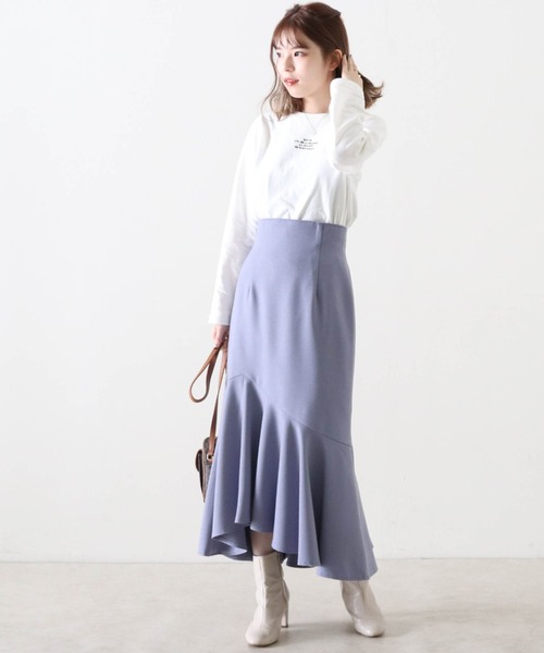 Cheek（チーク）の「【日本製】アシメヘムマーメイドスカート（スカート・レディース・グレイッシュベージュ/ブルー/ダークブラウン・MEDIUM）」の6枚目の写真