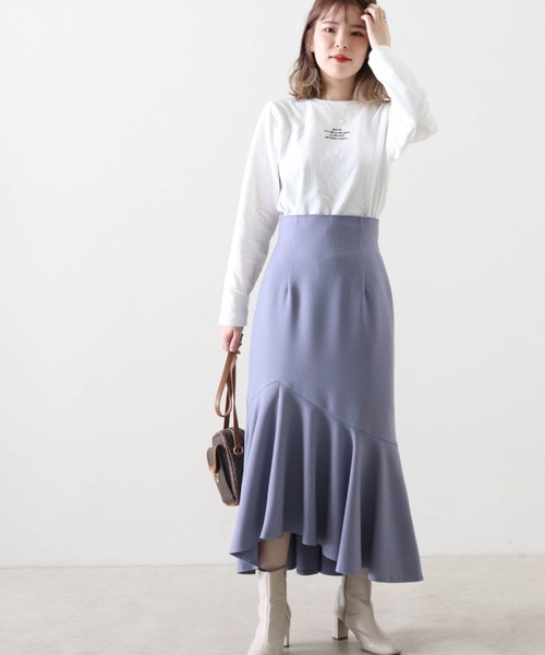 Cheek（チーク）の「【日本製】アシメヘムマーメイドスカート（スカート・レディース・グレイッシュベージュ/ブルー/ダークブラウン・MEDIUM）」の8枚目の写真