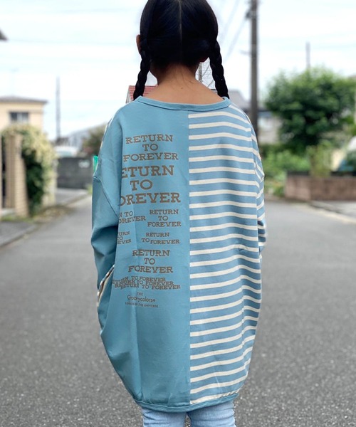 GROOVY COLORS（グルービーカラーズ）の「GROOVY COLORS/グルービーカラーズ テンジクボーダー BALLOON TEE バルーン ボーダーTシャツ オーバーサイズ（Tシャツ/カットソー・キッズ・ホワイト×ブラック/ブルー系その他・140/130）」の16枚目の写真