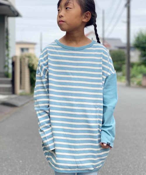 GROOVY COLORS（グルービーカラーズ）の「GROOVY COLORS/グルービーカラーズ テンジクボーダー BALLOON TEE バルーン ボーダーTシャツ オーバーサイズ（Tシャツ/カットソー・キッズ・ホワイト×ブラック/ブルー系その他・140/130）」の15枚目の写真