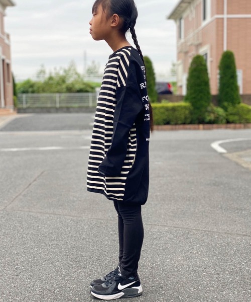 GROOVY COLORS（グルービーカラーズ）の「GROOVY COLORS/グルービーカラーズ テンジクボーダー BALLOON TEE バルーン ボーダーTシャツ オーバーサイズ（Tシャツ/カットソー・キッズ・ホワイト×ブラック/ブルー系その他・140/130）」の3枚目の写真