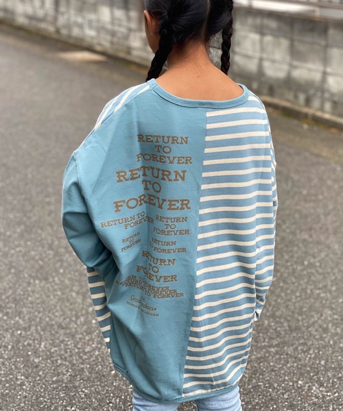 GROOVY COLORS（グルービーカラーズ）の「GROOVY COLORS/グルービーカラーズ テンジクボーダー BALLOON TEE バルーン ボーダーTシャツ オーバーサイズ（Tシャツ/カットソー・キッズ・ホワイト×ブラック/ブルー系その他・140/130）」の21枚目の写真