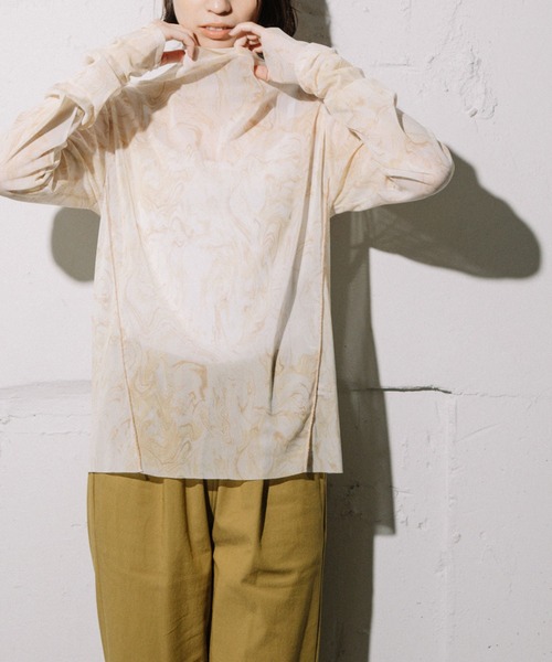 MARECHAL TERRE（マルシャルテル）の「パターンメッシュチュールトップス（Tシャツ/カットソー・レディース・サックスブルー/イエロー/グリーン/モカ・MEDIUM）」の4枚目の写真