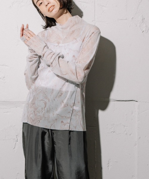 MARECHAL TERRE（マルシャルテル）の「パターンメッシュチュールトップス（Tシャツ/カットソー・レディース・サックスブルー/イエロー/グリーン/モカ・MEDIUM）」の10枚目の写真