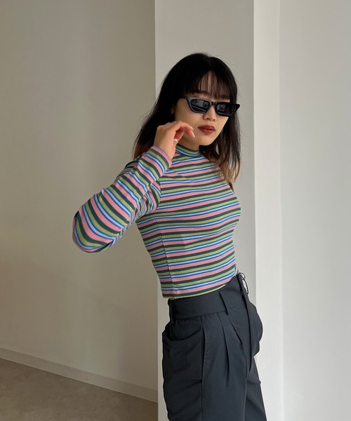 Avvenente（アベネンテ）の「【Avvenente】マルチボーダーロングTシャツ（Tシャツ/カットソー・レディース・ピンク/イエロー/ブルー・FREE）」の3枚目の写真