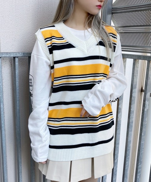 Figments(フィグメンツ)の「マルチボーダーニットベスト(ベスト・レディース・イエロー/ブルー・FREE)」の3枚目の写真