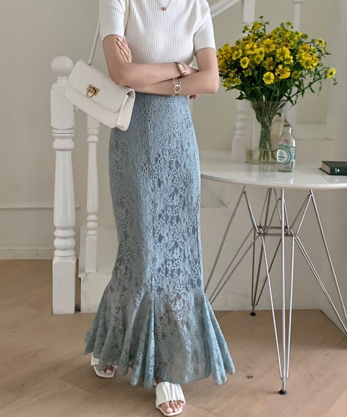 emi+(エミプラス)の「花柄レースハイウエストマーメードスカート(スカート・レディース・ブラック/ブラウン/アイボリー/ブルー/ネイビー・S/M)」の5枚目の写真