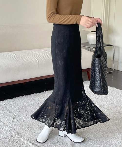 emi+(エミプラス)の「花柄レースハイウエストマーメードスカート(スカート・レディース・ブラック/ブラウン/アイボリー/ブルー/ネイビー・S/M)」の8枚目の写真