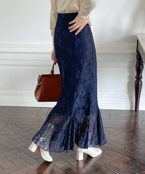 emi+(エミプラス)の「花柄レースハイウエストマーメードスカート(スカート・レディース・ブラック/ブラウン/アイボリー/ブルー/ネイビー・S/M)」の16枚目の写真