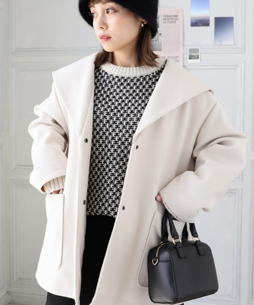 moment+(モーメントプラス)の「ライトニットメルトンビックカラーミドルコート(裏地付き)(その他アウター・レディース・ブラック/アイボリー/グレー系その他/ブラウン系その他・M)」の21枚目の写真