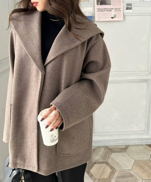 moment+(モーメントプラス)の「ライトニットメルトンビックカラーミドルコート(裏地付き)(その他アウター・レディース・ブラック/アイボリー/グレー系その他/ブラウン系その他・M)」の6枚目の写真