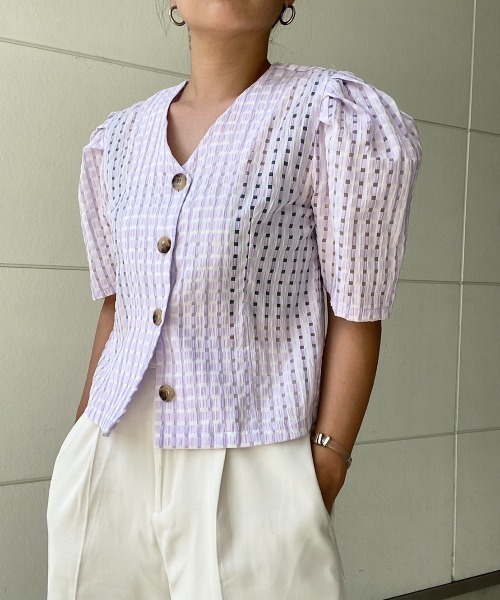 AMAIL(アマイル)の「Check puffy blouse(シャツ/ブラウス・レディース・ホワイト/ブラック/ラベンダー・FREE)」の1枚目の写真