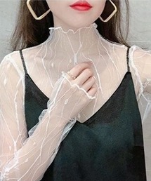 レディース 長袖レースシアー刺繍メロウタートルネックトップス