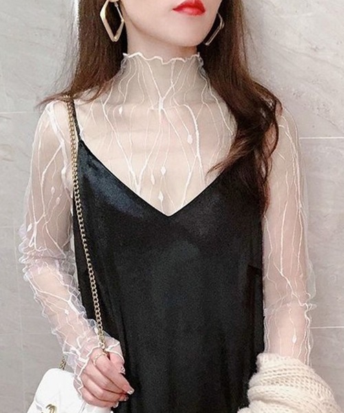 セール】レディース 長袖レースシアー刺繍メロウタートルネック