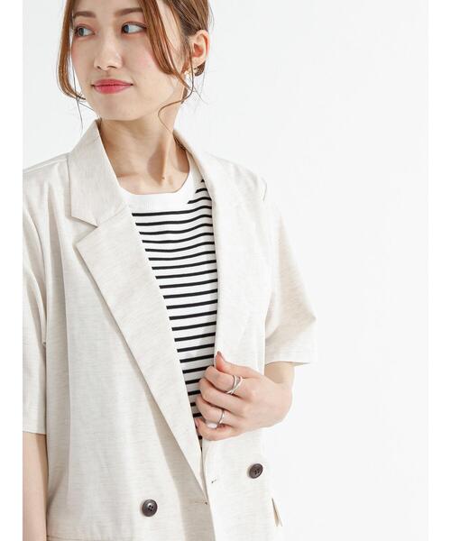 Te chichi(テチチ)の「リネン混ポプリン半袖テーラードジャケット(ノーカラージャケット・レディース・キナリ/ブラック・F)」の4枚目の写真