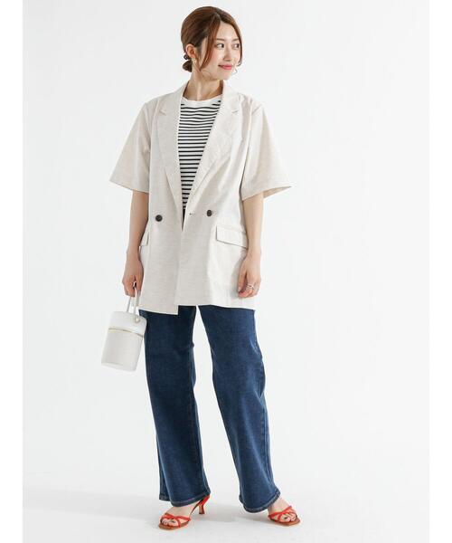 Te chichi(テチチ)の「リネン混ポプリン半袖テーラードジャケット(ノーカラージャケット・レディース・キナリ/ブラック・F)」の21枚目の写真