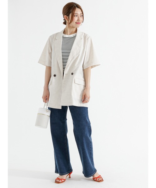 Te chichi(テチチ)の「リネン混ポプリン半袖テーラードジャケット(ノーカラージャケット・レディース・キナリ/ブラック・F)」の10枚目の写真