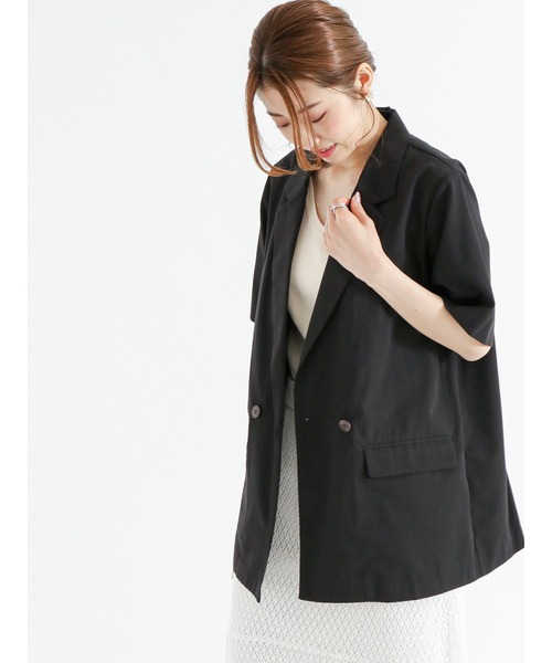 Te chichi(テチチ)の「リネン混ポプリン半袖テーラードジャケット(ノーカラージャケット・レディース・キナリ/ブラック・F)」の15枚目の写真