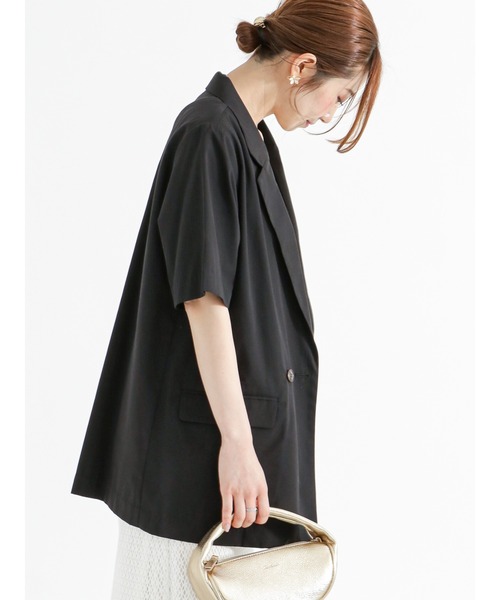 Te chichi(テチチ)の「リネン混ポプリン半袖テーラードジャケット(ノーカラージャケット・レディース・キナリ/ブラック・F)」の16枚目の写真