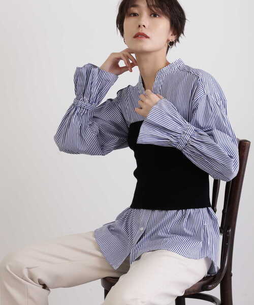 N.(N. Natural Beauty Basic)(エヌエヌナチュラルビューティーベーシック)の「◆フレアカフスチュニックブラウス(シャツ/ブラウス・レディース・オフホワイト/ブルー/ストライプ・MEDIUM)」の3枚目の写真