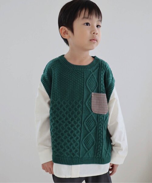 apres les cours(アプレレクール)の「ニットベスト付きTシャツ(Tシャツ/カットソー・キッズ・グリーン/チェック・130/110/120/90/100/80)」の1枚目の写真
