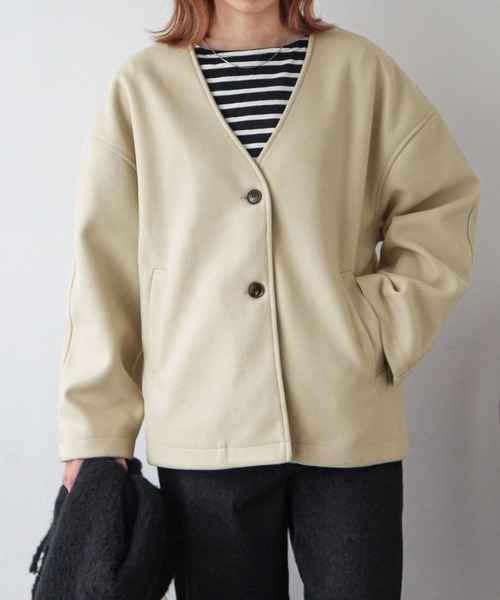 Chillfar（チルファー）の「ノーカラーショートジャケットコート（ノーカラージャケット・レディース・カーキ/ブラック/グレー/アイボリー・FREE）」の11枚目の写真