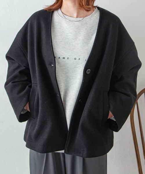 Chillfar（チルファー）の「ノーカラーショートジャケットコート（ノーカラージャケット・レディース・カーキ/ブラック/グレー/アイボリー・FREE）」の16枚目の写真