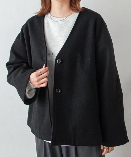 Chillfar（チルファー）の「ノーカラーショートジャケットコート（ノーカラージャケット・レディース・カーキ/ブラック/グレー/アイボリー・FREE）」の19枚目の写真