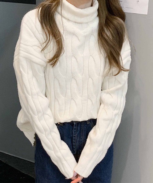 NANEA（ナネア）の「ケーブル編みタートルネックニットプルオーバー（ニット/セーター・レディース・ブラック/ホワイト/アイボリー/レッド・フリー）」の5枚目の写真