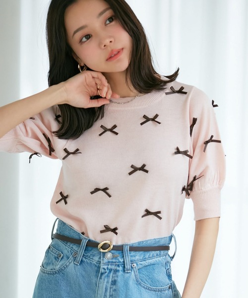 セール】【WEB限定】リボンハーフスリーブニット（ニット/セーター  