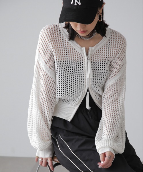 FREE'S MART（フリーズマート）の「◇フロントジップラメメッシュカーディガン（カーディガン/ボレロ・レディース・イエロー/ブラック/ブルー/ホワイト・FREE）」の2枚目の写真