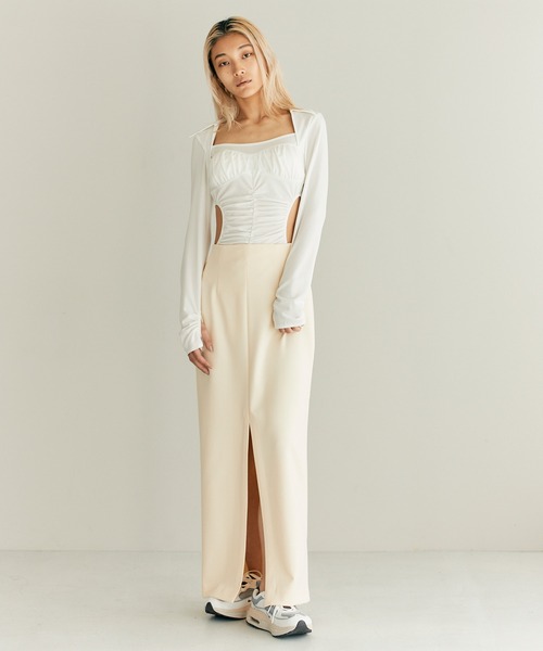 THINGS THAT MATTER(シングス ザット マター)の「SCUBA JERSEY NARROW MAXI SKIRT / スキューバジャージナローマキシスカート(スカート・レディース・アイボリー/ブラック/ライム・1/2)」の4枚目の写真